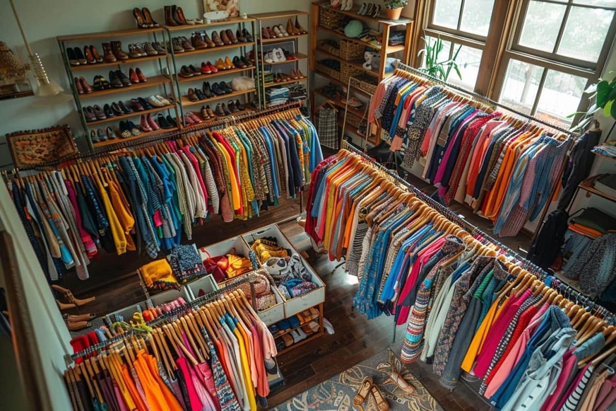 Portant de vêtements et accessoires triés pour un échange entre amis