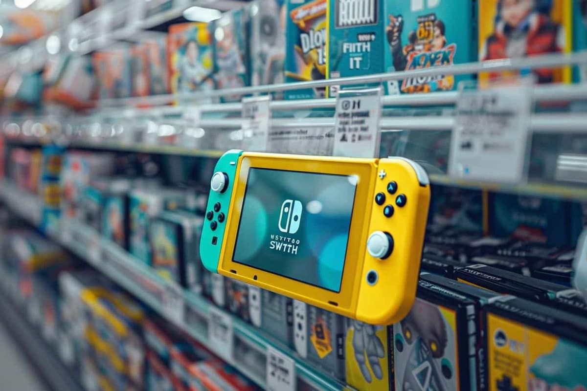 Console portable turquoise, étui de protection et carte microSD sur une table en bois
