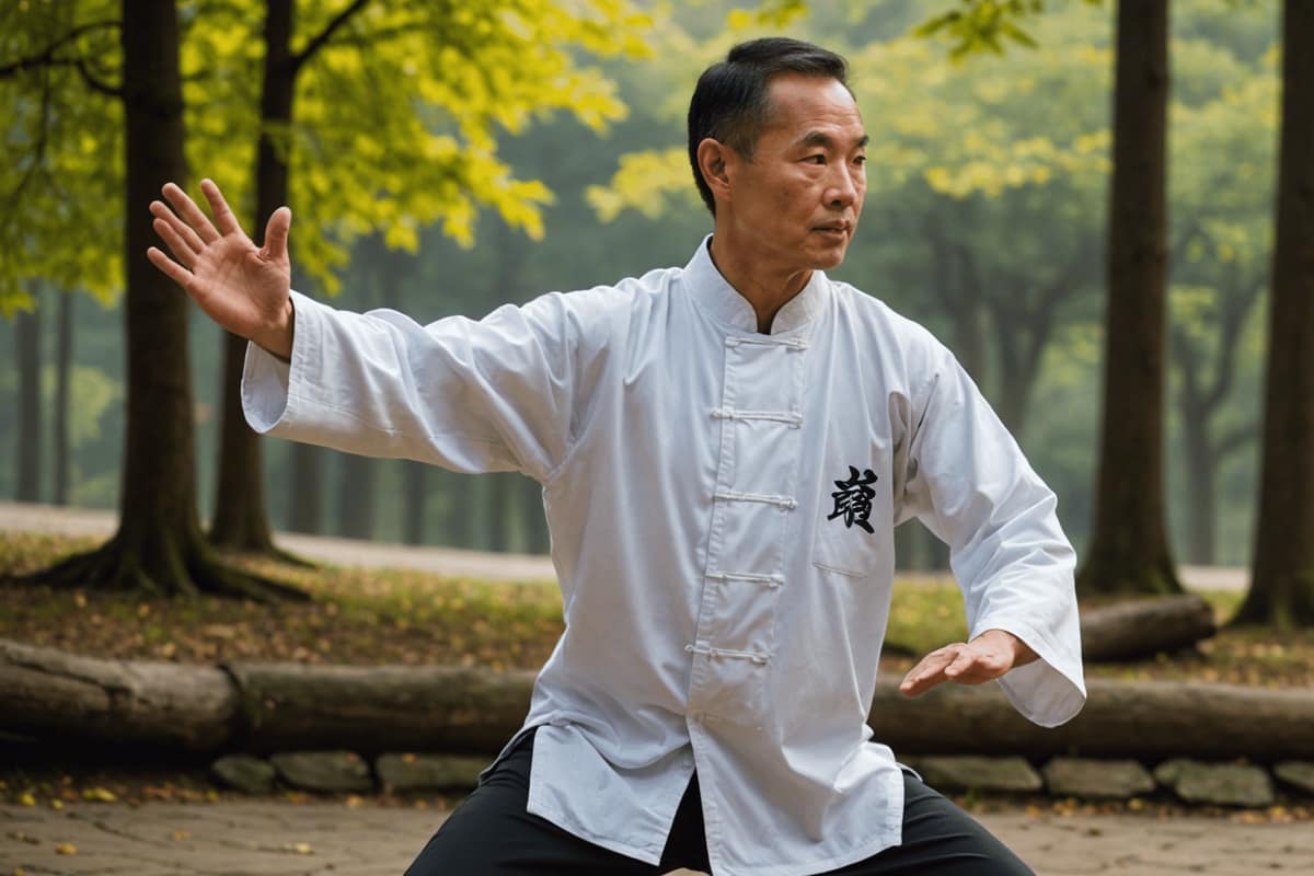 Adulte pratiquant le tai-chi dans un parc municipal au lever du jour