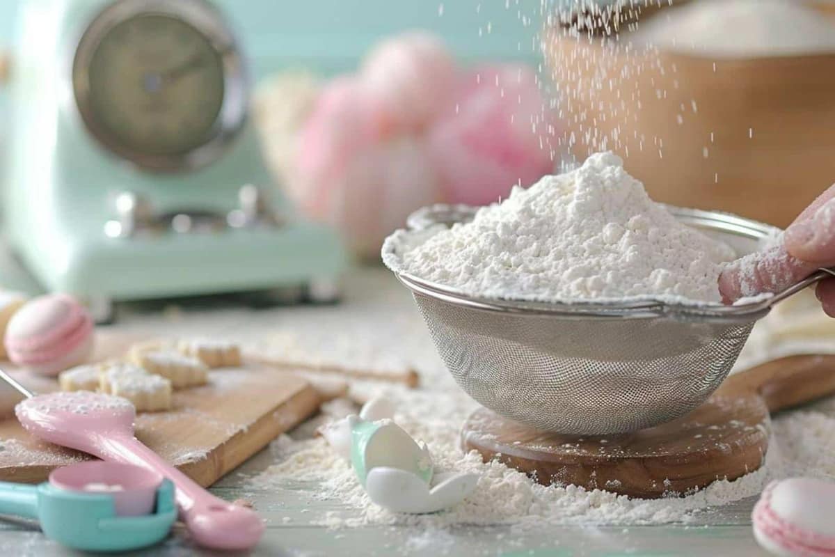 Farine blanche tamisée dans un saladier avec une passoire métallique fine