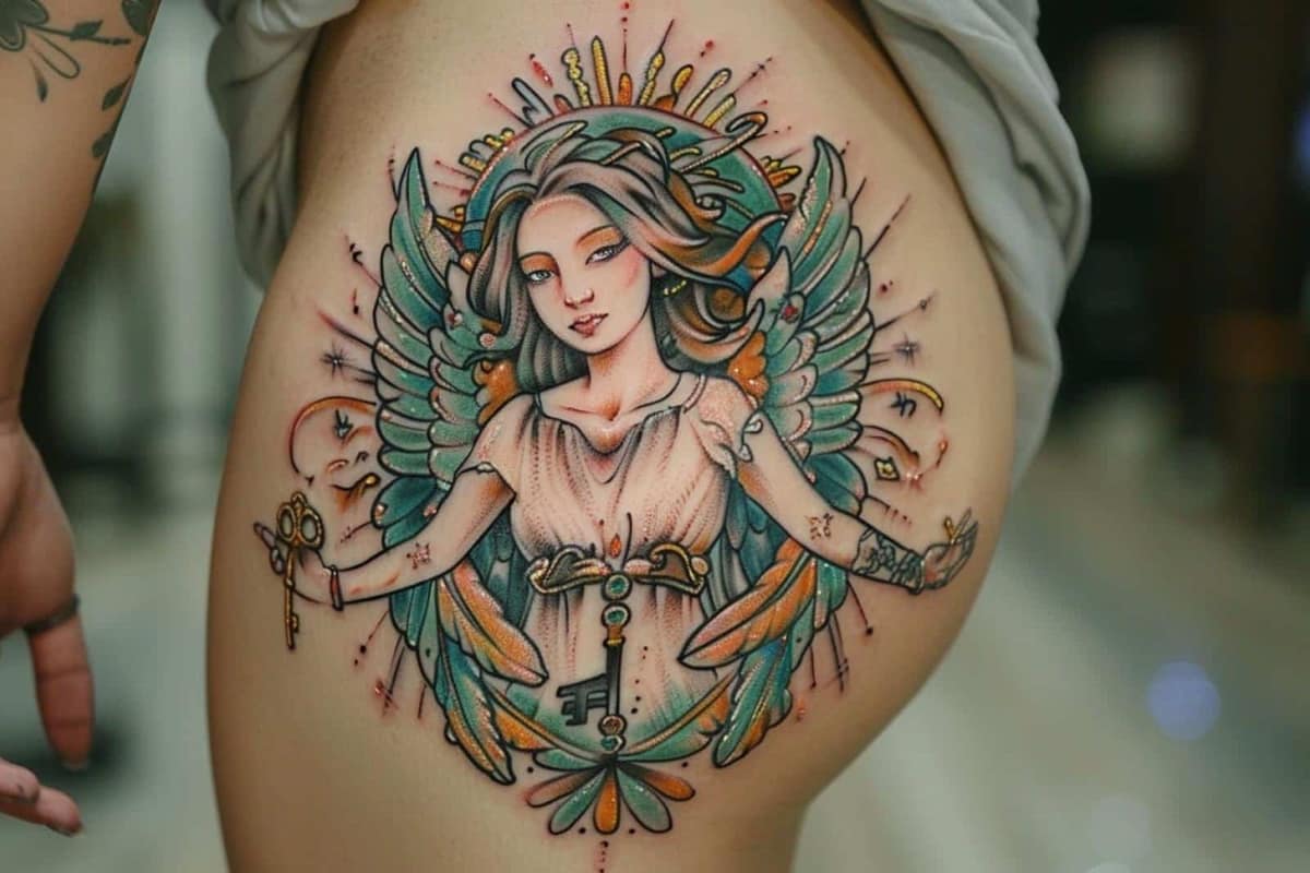 Tatouage d’ange noir et gris sur l’épaule d’un adulte