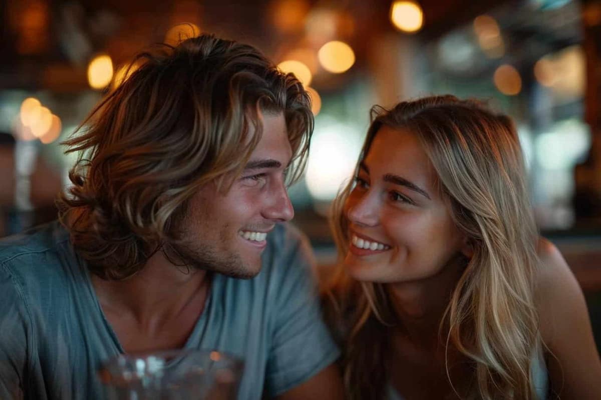Deux adultes discutent calmement à la terrasse d’un café de quartier français.