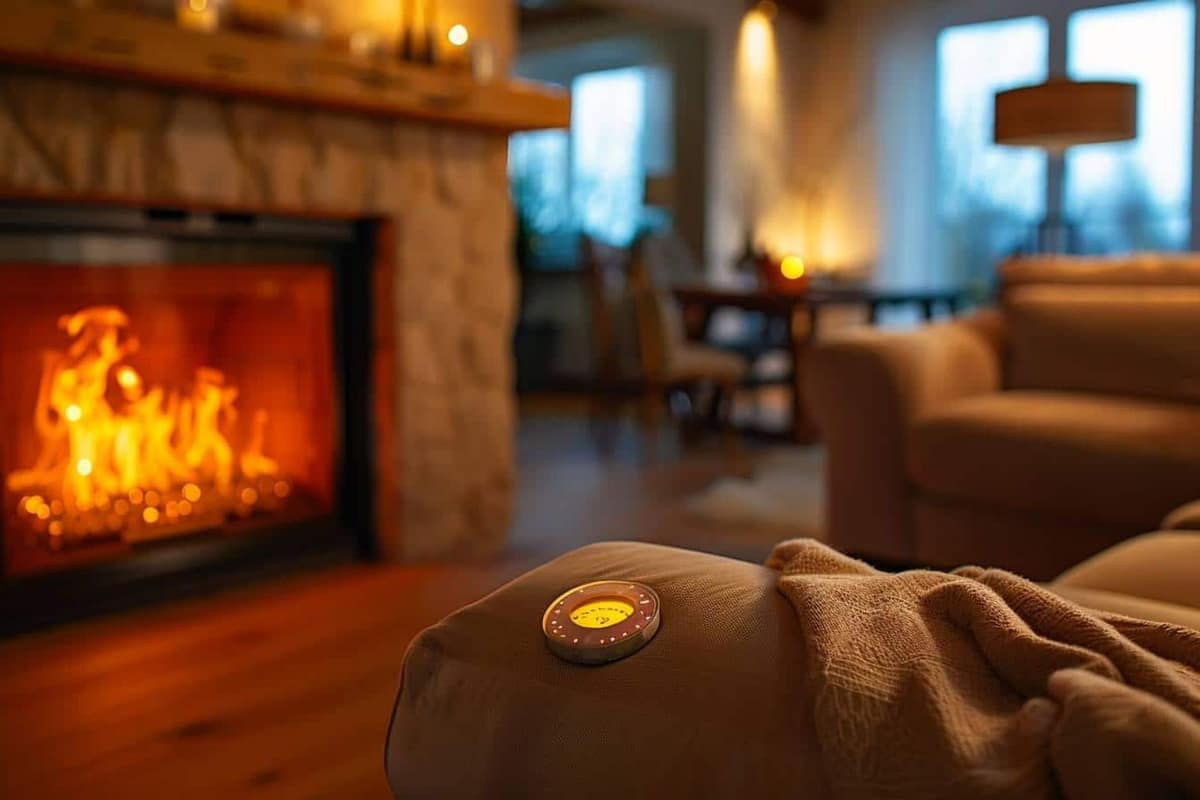 Thermostat réglé à 19 °C près d’un radiateur dans un séjour lumineux