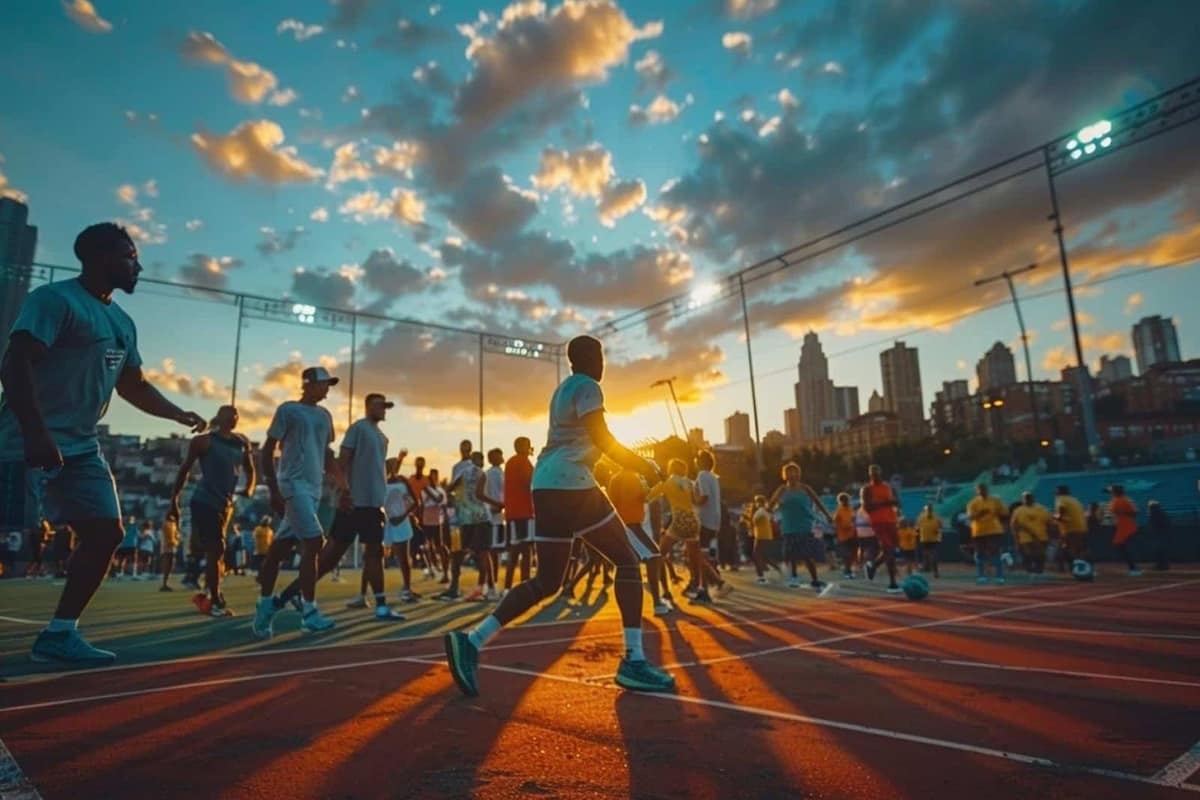 Équipements de pickleball, escalade et yoga devant un centre sportif moderne