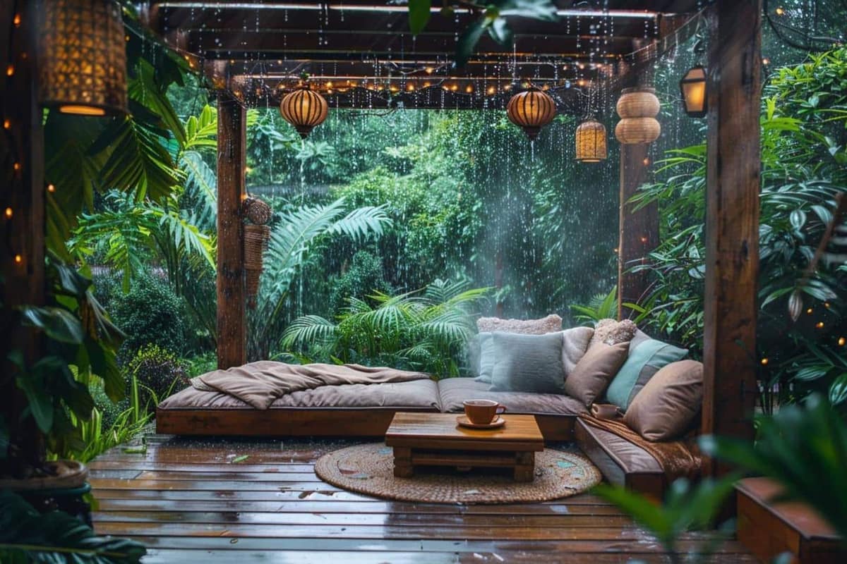 Terrasse couverte sous la pluie avec sol antidérapant, éclairage chaud et plantes en pots