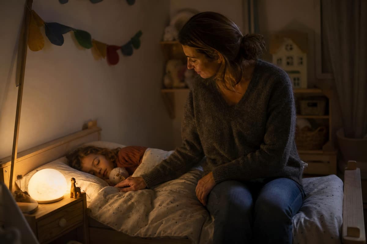 Mère assise au bord du lit de son enfant endormi, à la lueur d’une veilleuse