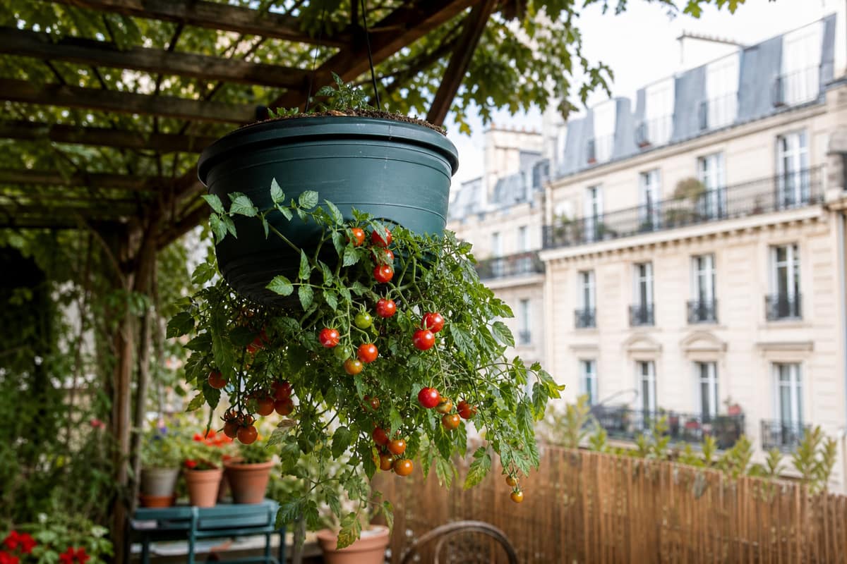 Plant de tomates cerises suspendu sous une pergola sur un balcon ensoleillé