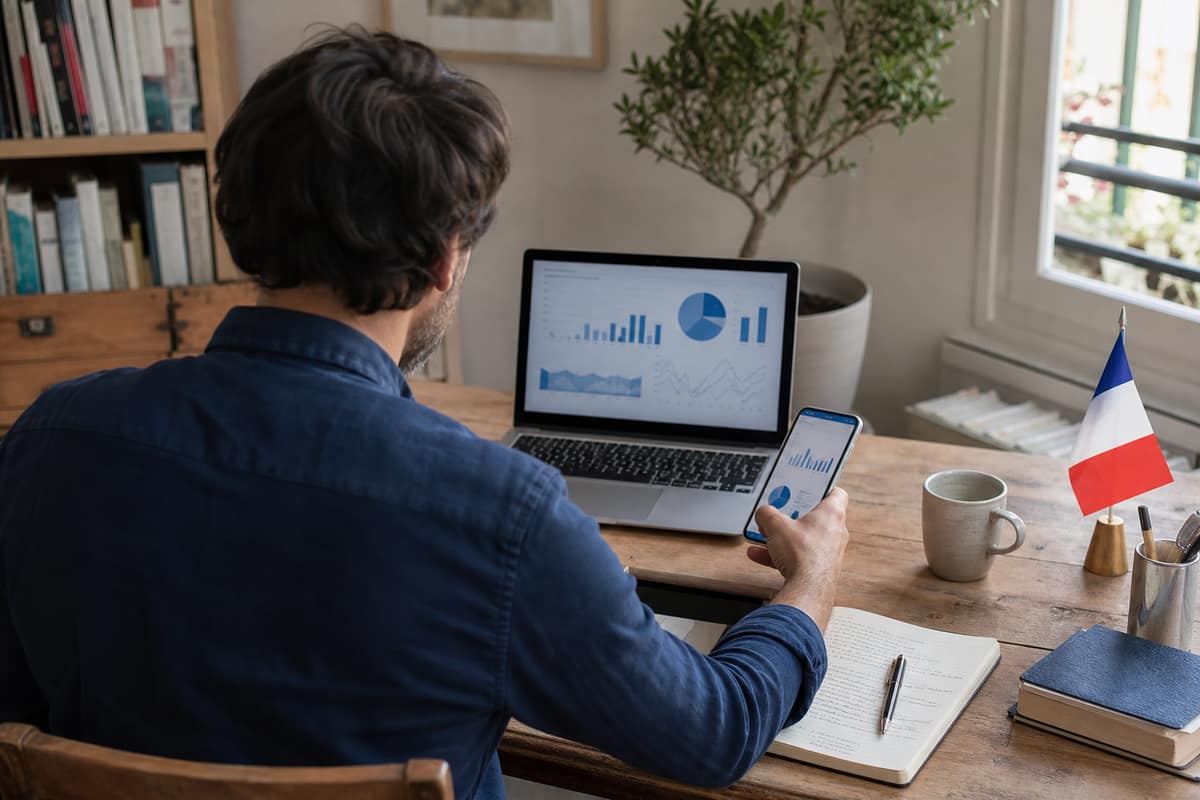 Tableau de bord publicitaire affiché sur ordinateur et téléphone dans un bureau lumineux