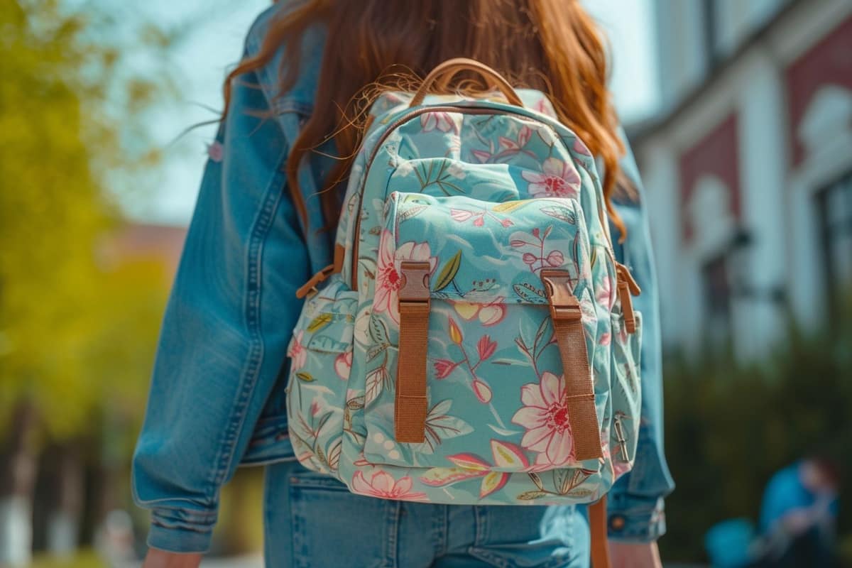 Cartable à roulettes pastel avec poignée déployée devant une école primaire