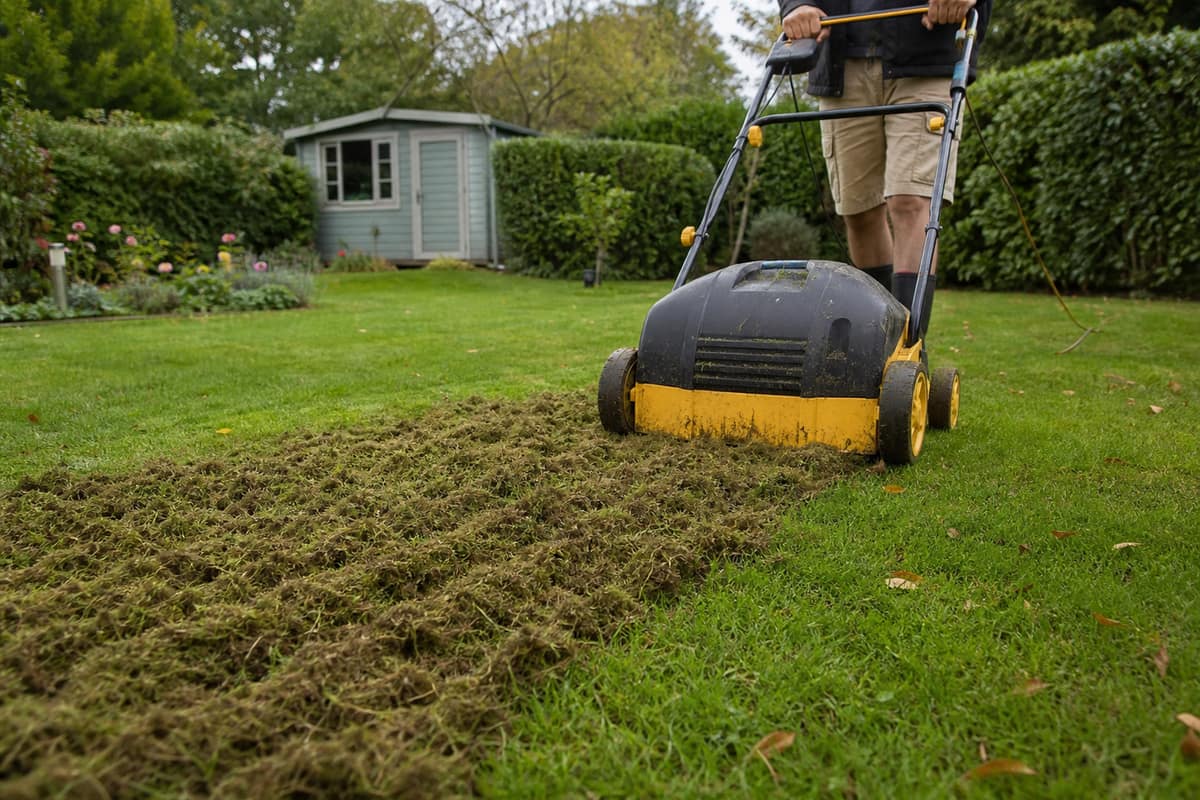 Scarificateur électrique retirant mousse et feutre sur une pelouse de jardin