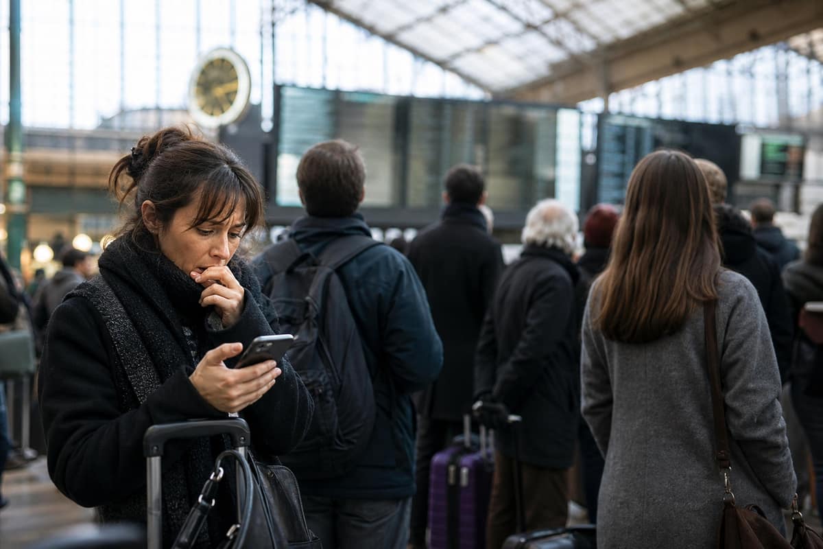Voyageurs avec valises qui attendent dans le hall d’une gare un jour de grève