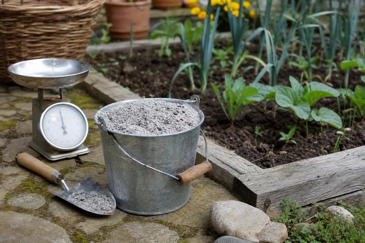 Seau métallique de cendre froide près d’un potager et d’un râteau