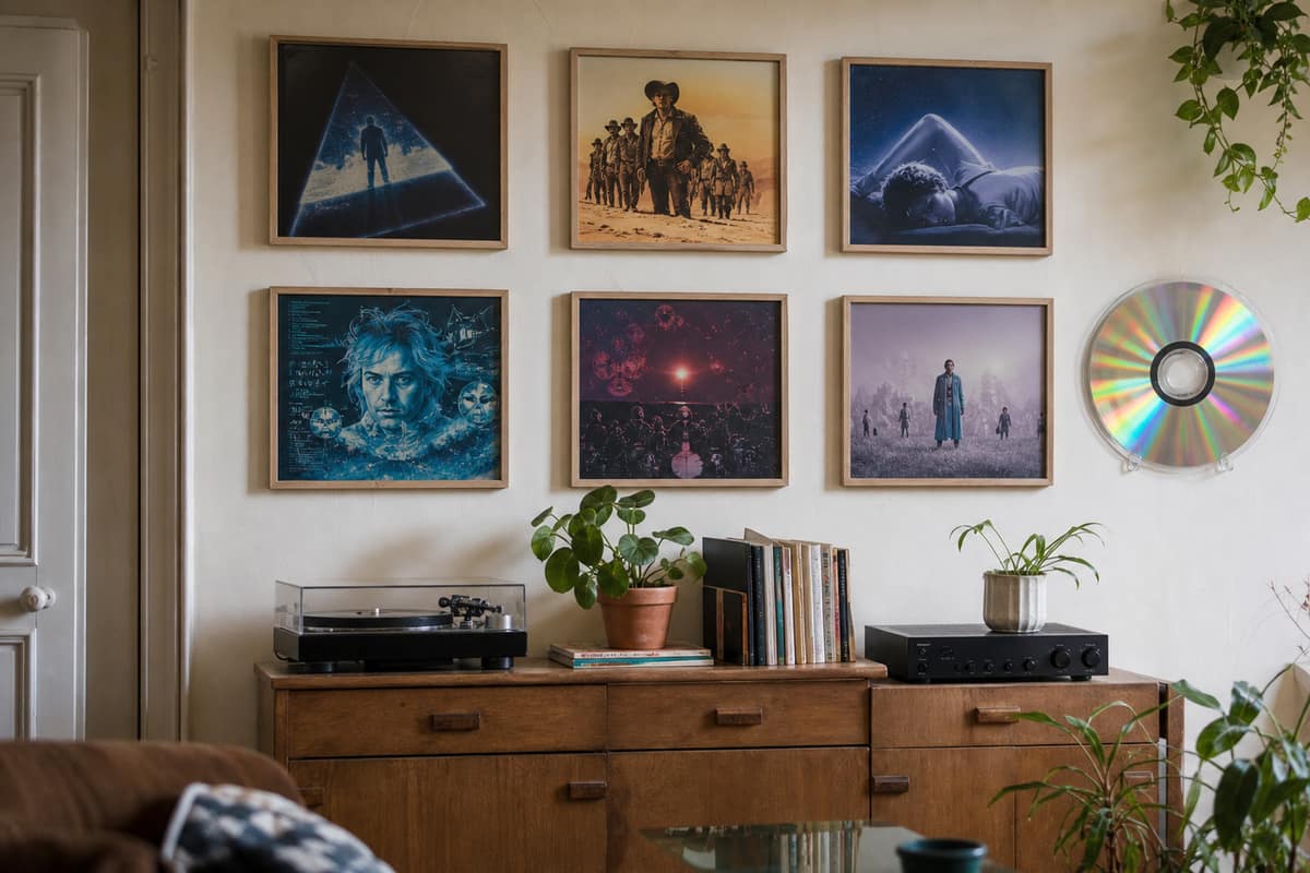 Mur de salon décoré de pochettes LaserDisc encadrées et d’un disque apparent