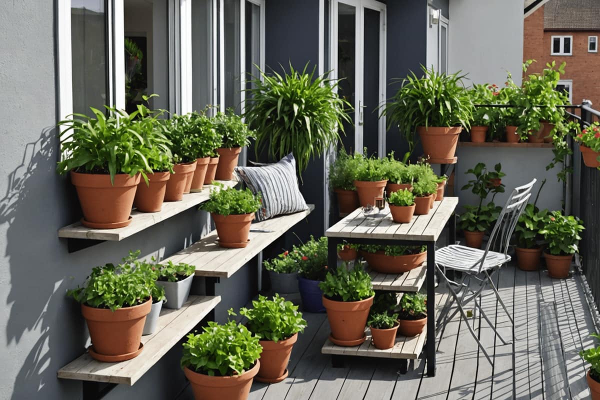 Balcon urbain avec pots de basilic, thym, menthe et persil