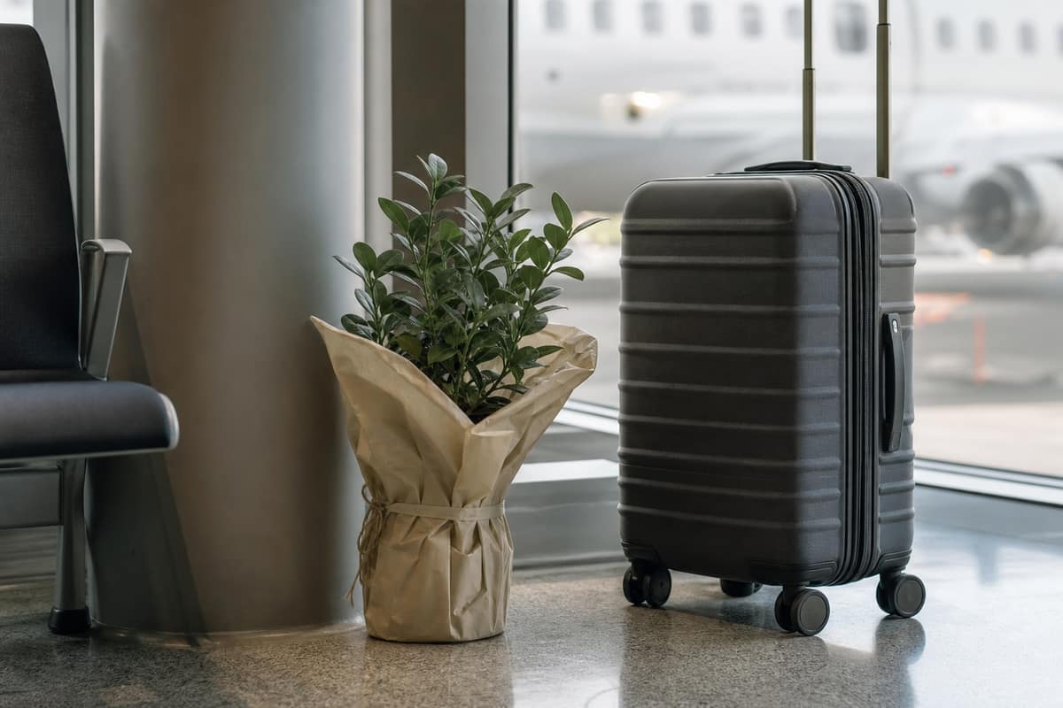 Petite plante en pot emballée avec précaution avant un vol
