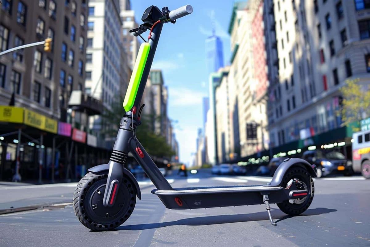 Trottinette électrique urbaine avec pneus gonflables stationnée près d’une piste cyclable