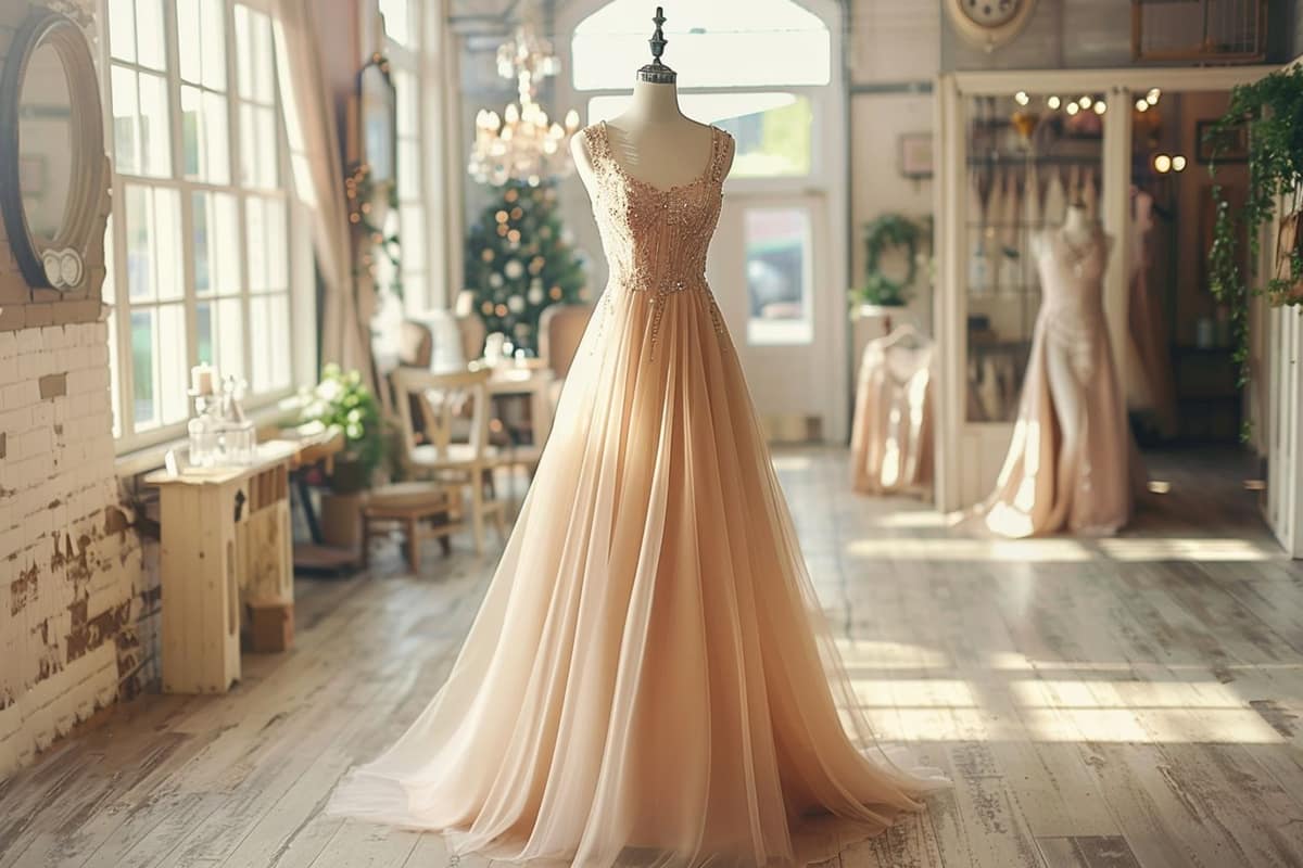 Femme essayant une robe portefeuille midi devant un miroir dans une chambre lumineuse