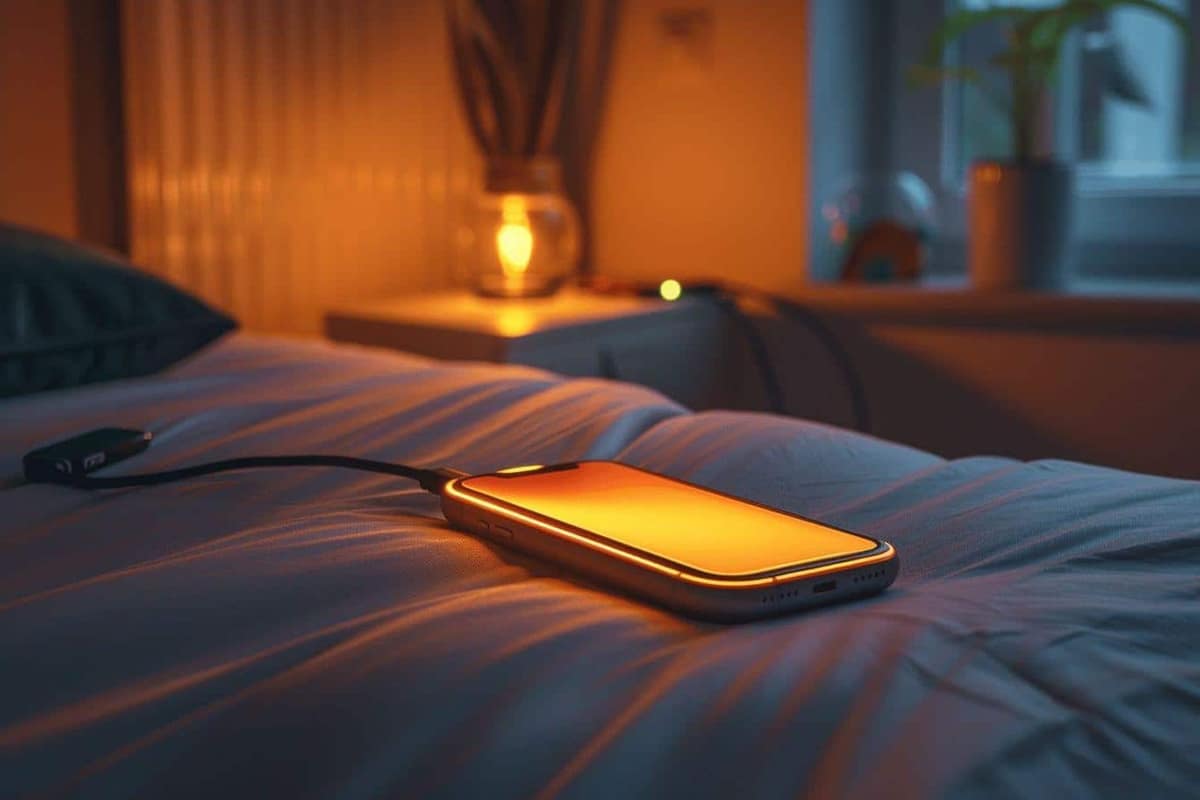 Chargeur USB-C débranché posé près d’une prise murale sur une table en bois