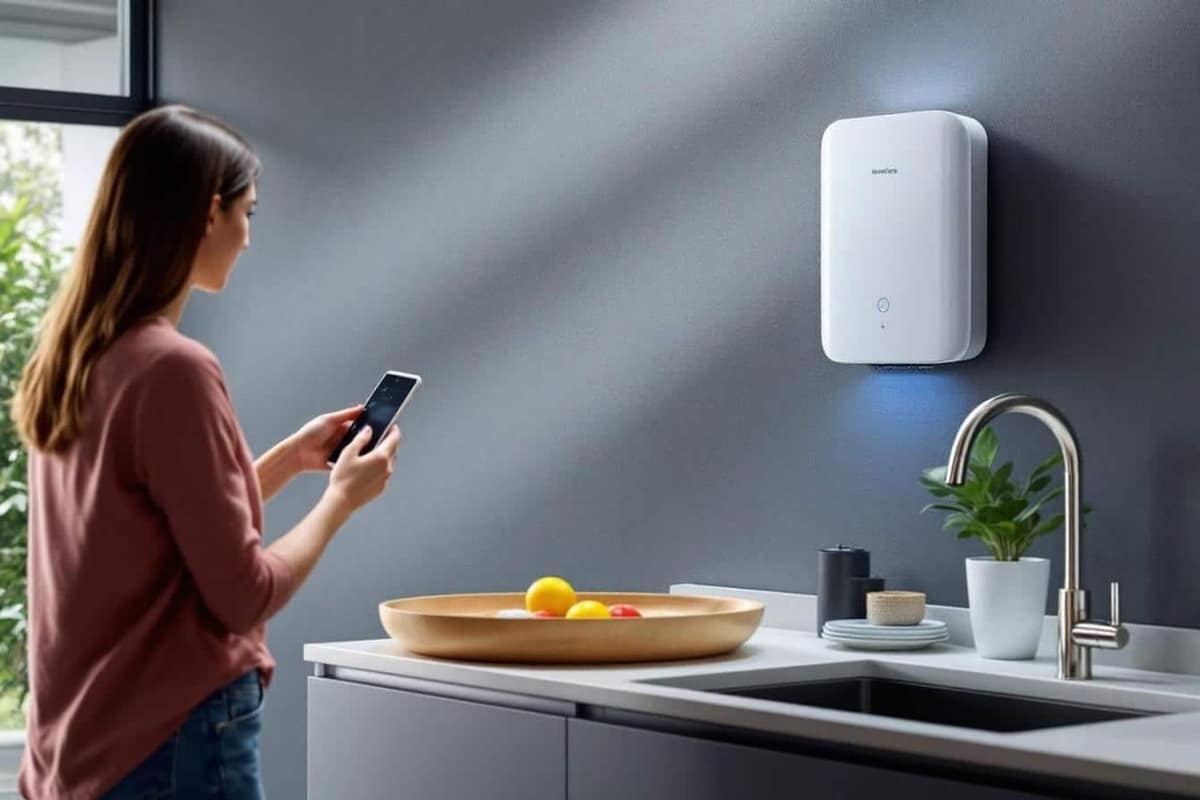 Chauffe-eau instantané électrique compact installé sous un évier de cuisine