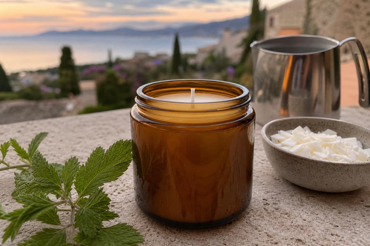 Bougie artisanale à la cire végétale sur une table de terrasse au crépuscule