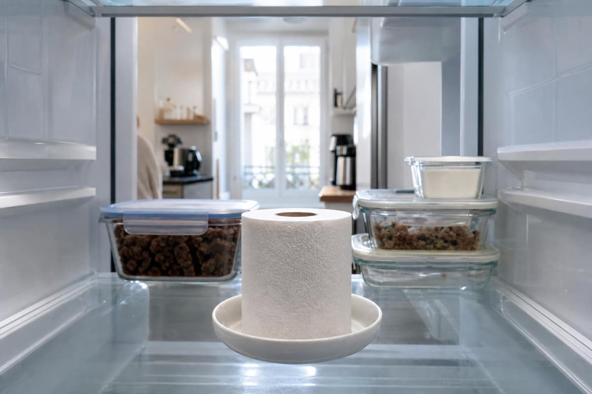 Rouleau de papier toilette neuf dans un récipient propre au réfrigérateur