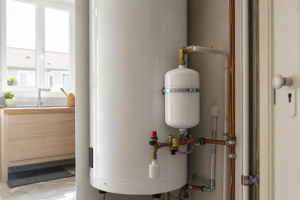 Vase d’expansion sanitaire raccordé près d’un chauffe-eau dans un cellier français