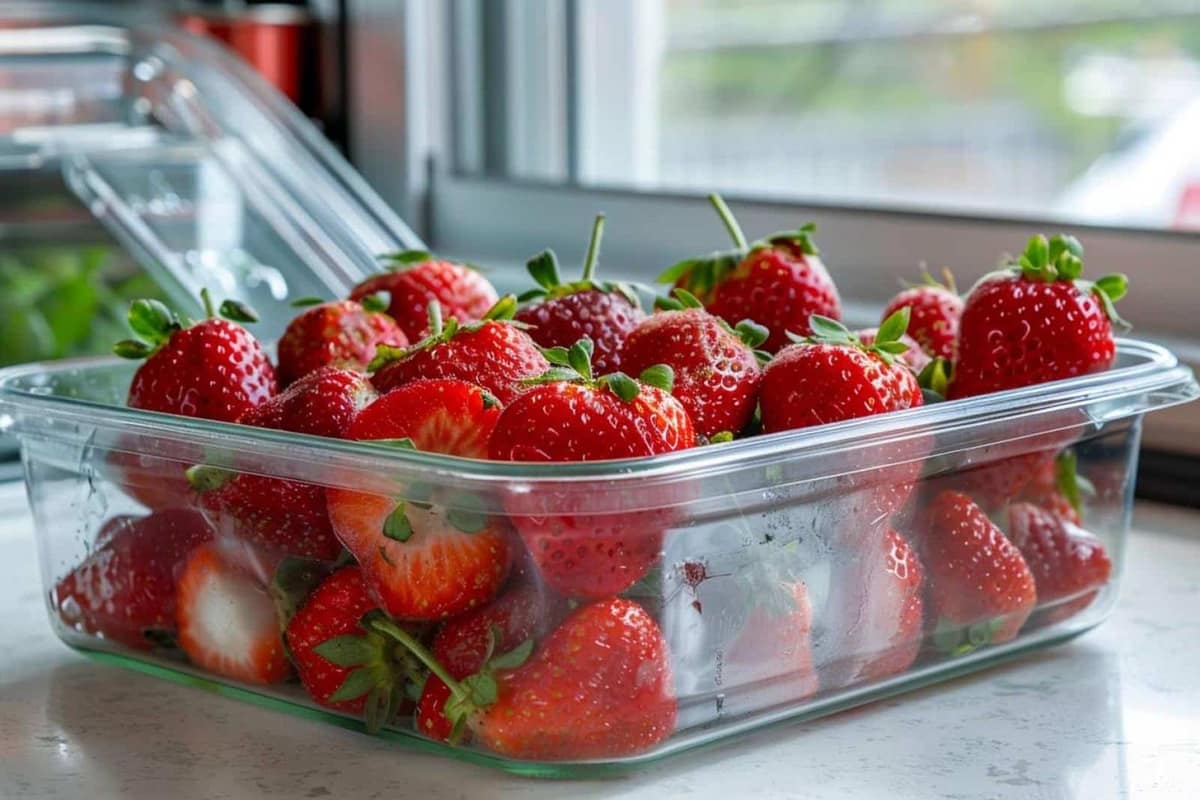 Fraises fraîches rangées sur du papier absorbant dans une boîte au réfrigérateur