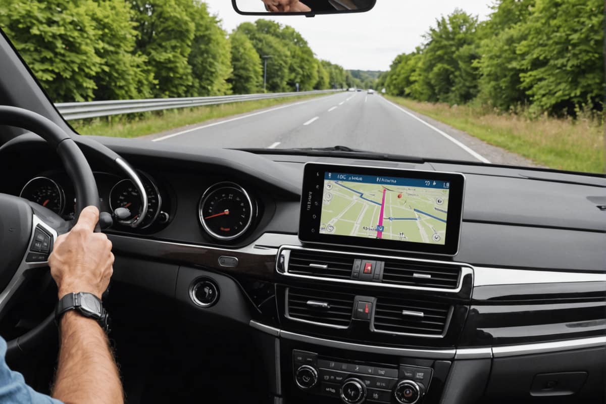 Smartphone fixé bas sur le tableau de bord d’une voiture, navigation activée