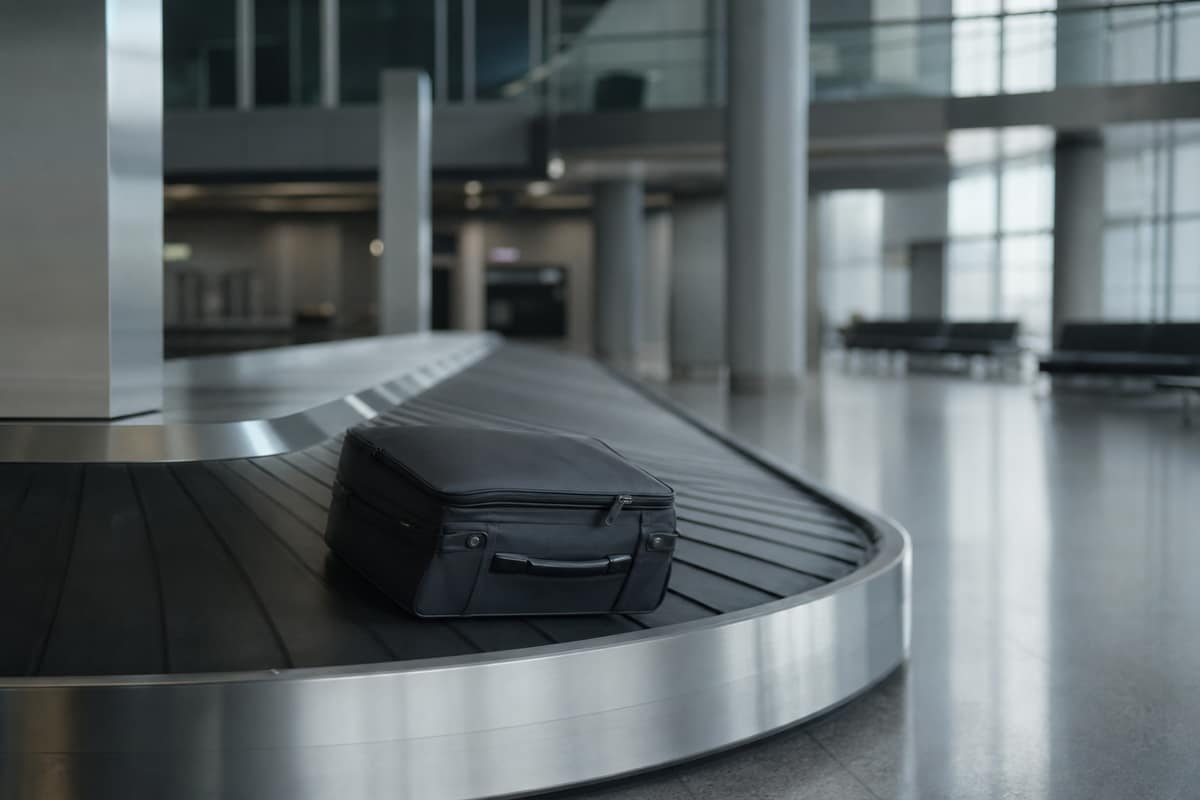 Valise grise seule sur un tapis à bagages désert dans un hall d’aéroport