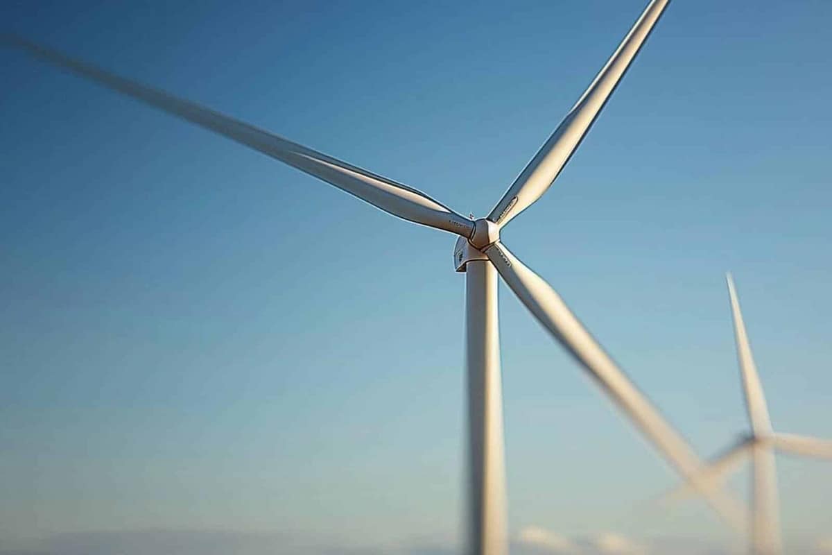 Éoliennes en mer et poste électrique sur une côte européenne.