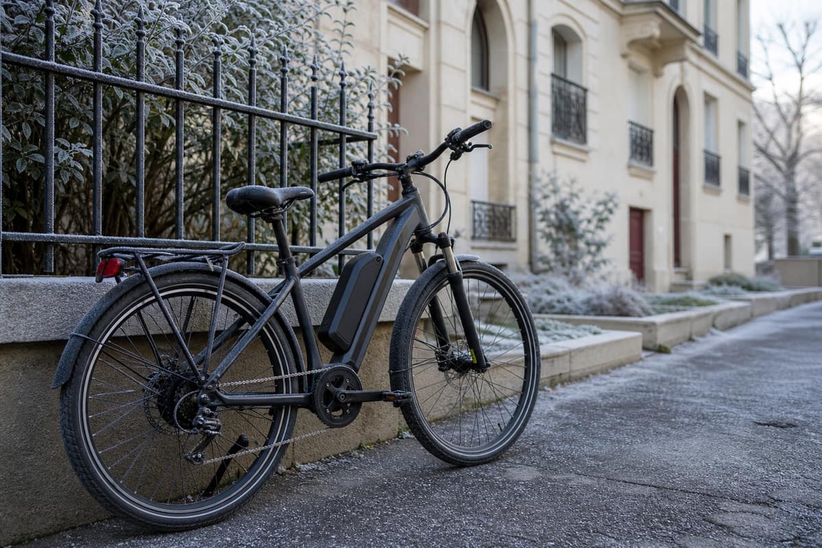 Vélo électrique garé dehors par une matinée d'hiver givrée
