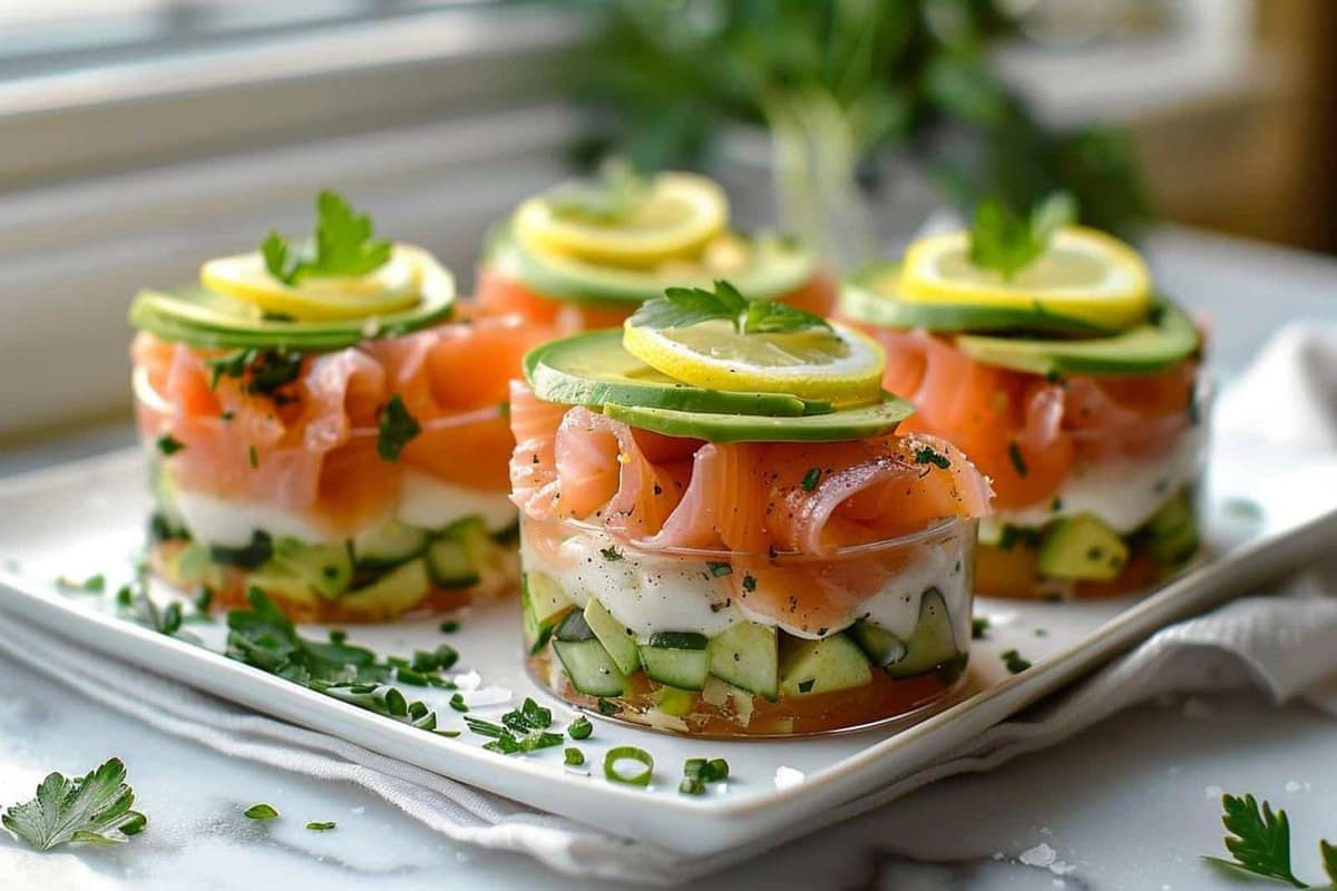 Six verrines de saumon fumé, avocat, concombre et fromage frais aux herbes