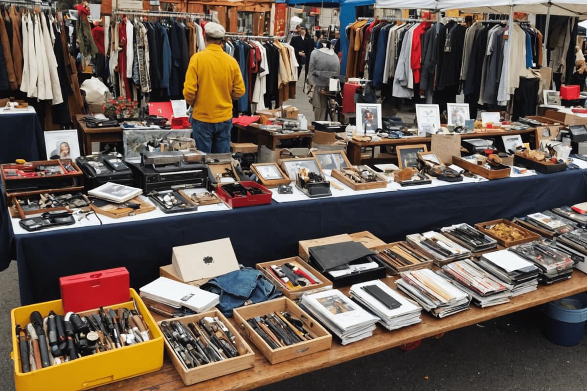 Stand de vide-grenier rangé avec livres, jouets, vaisselle et vêtements sur portant
