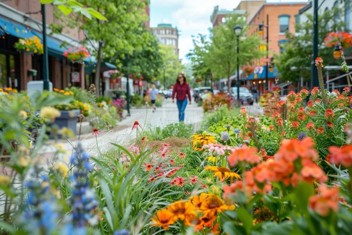 Quai de gare entre petite ville française, champs et toits de village