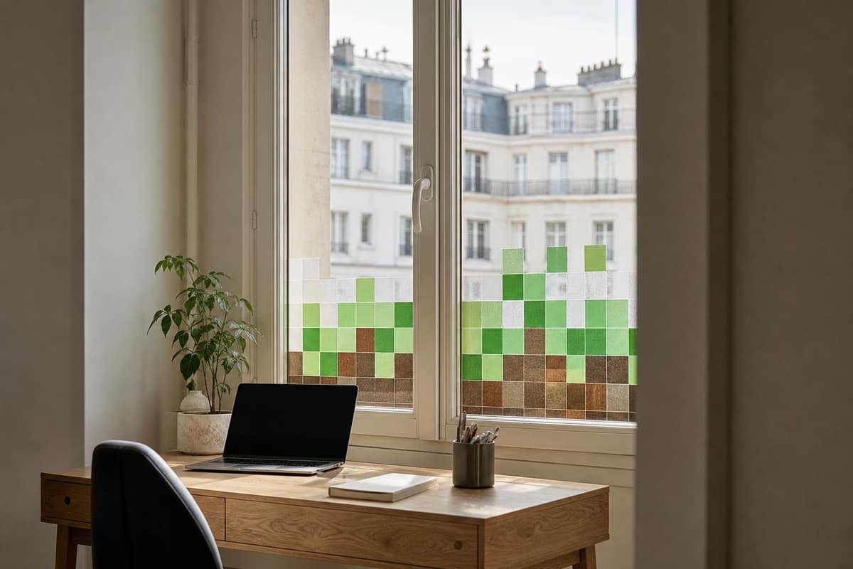 Fenêtre de bureau décorée de carrés translucides verts et bruns style pixelisé