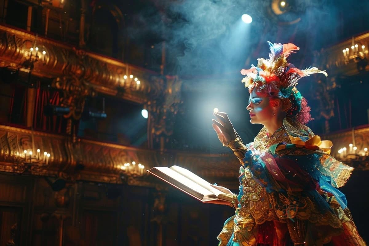 Script de théâtre annoté sur un siège face à une scène éclairée