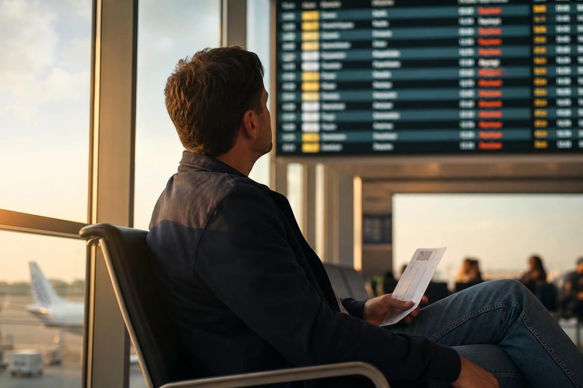 Passager patientant près d'un panneau des départs dans un aéroport en fin de journée