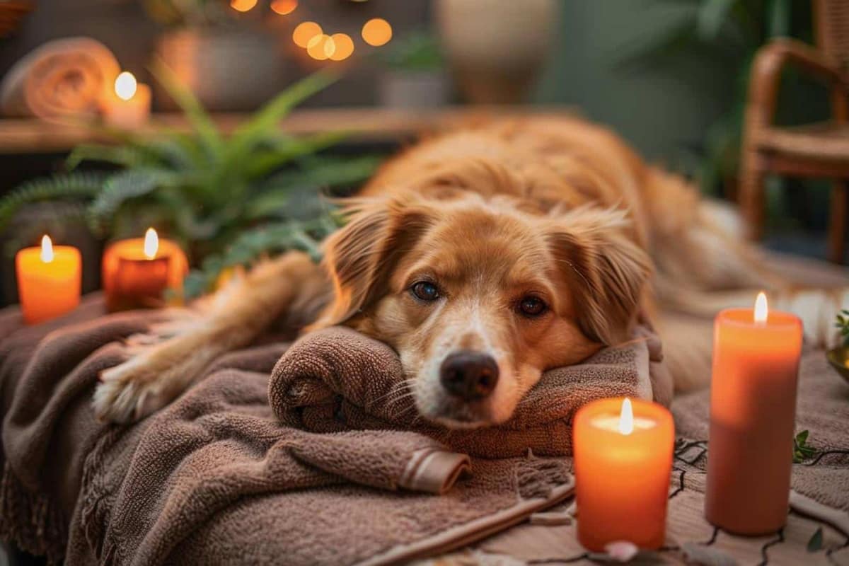 Mains posées doucement sur l’épaule d’un chien détendu sur un tapis