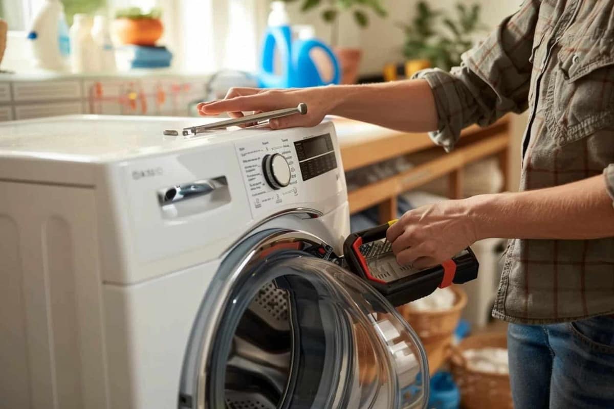 Filtre de vidange d’un lave-linge nettoyé avec bac et serviettes au sol