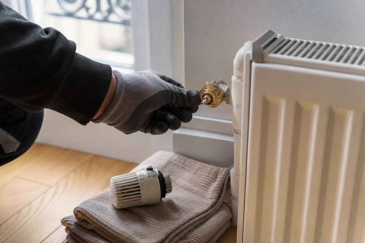 Tige métallique visible sur un robinet thermostatique de radiateur démonté