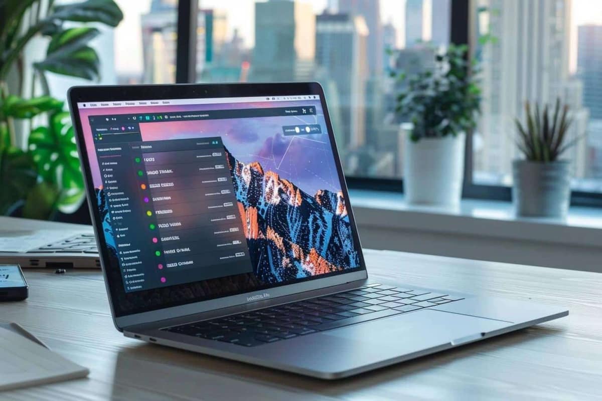 Ordinateur portable Mac affichant un tableau de projet sur un bureau lumineux