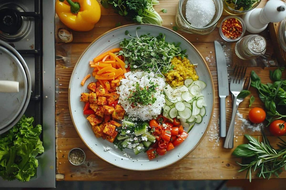 Table de cuisine avec salade composée, omelette aux légumes et légumes rôtis