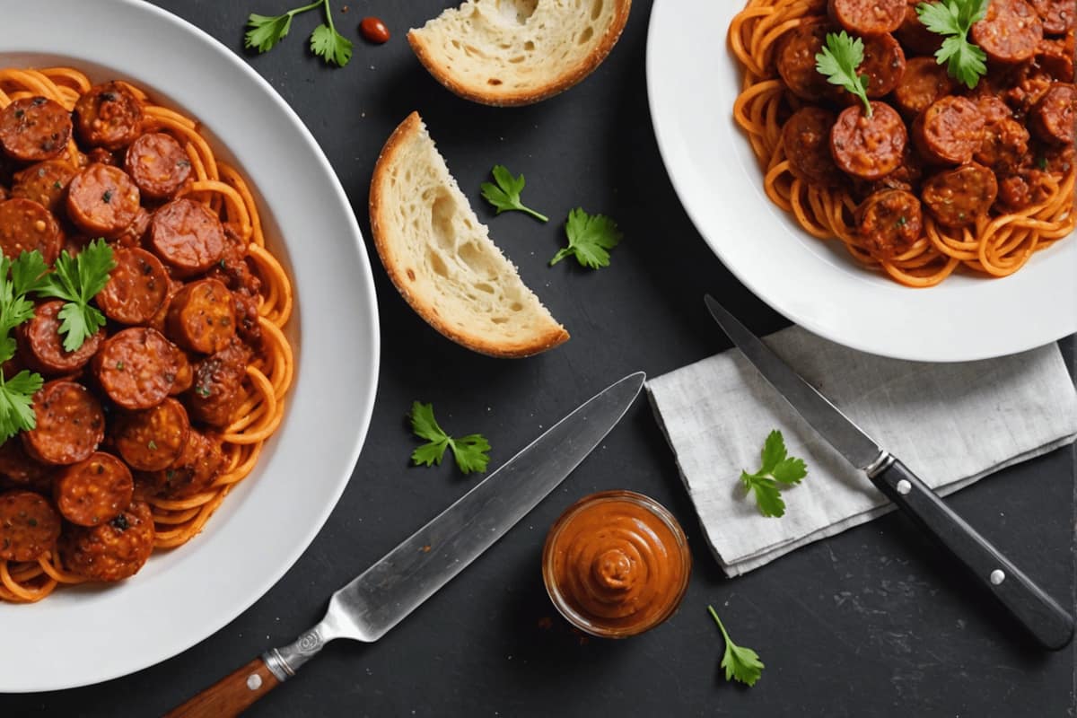 Assiette de rigatoni crémeux au chorizo, poivron rouge et persil frais