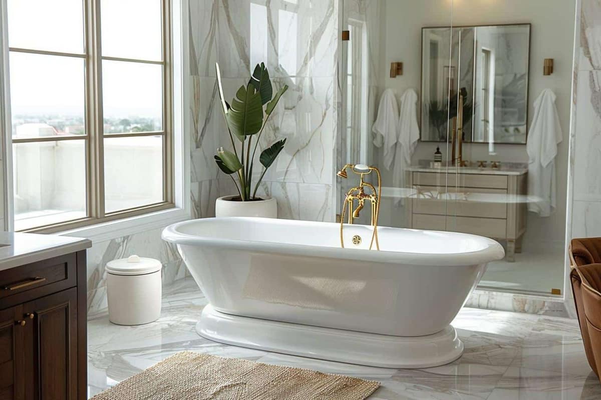 Petite salle de bain rénovée avec douche vitrée, meuble suspendu et carrelage minéral