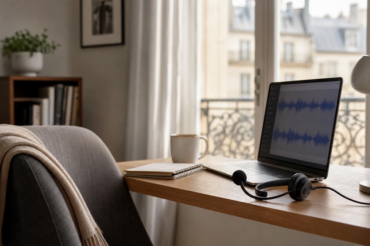 Microphone et ordinateur sur un bureau pour une visioconférence sous-titrée