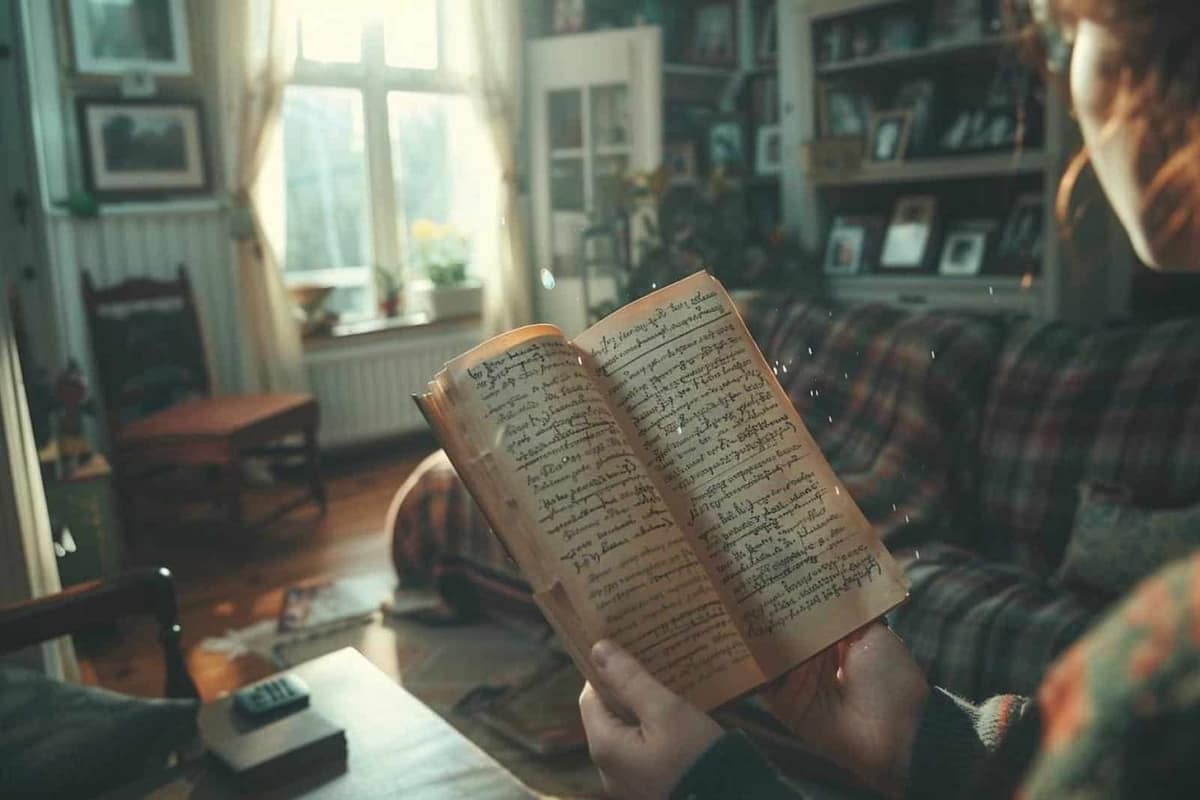 Poème manuscrit, enveloppe et fleur séchée sur une table en bois
