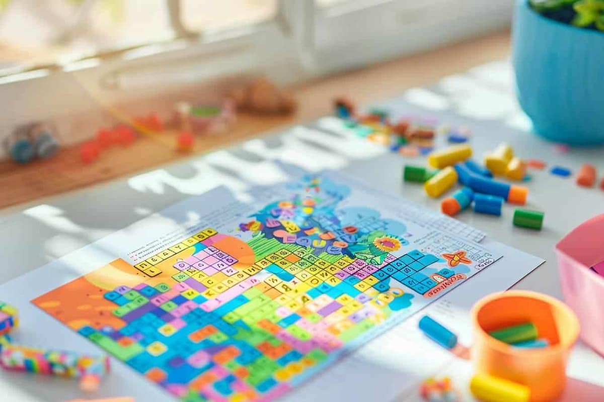 Feuilles de jeux de lettres, crayons et surligneurs sur une table claire