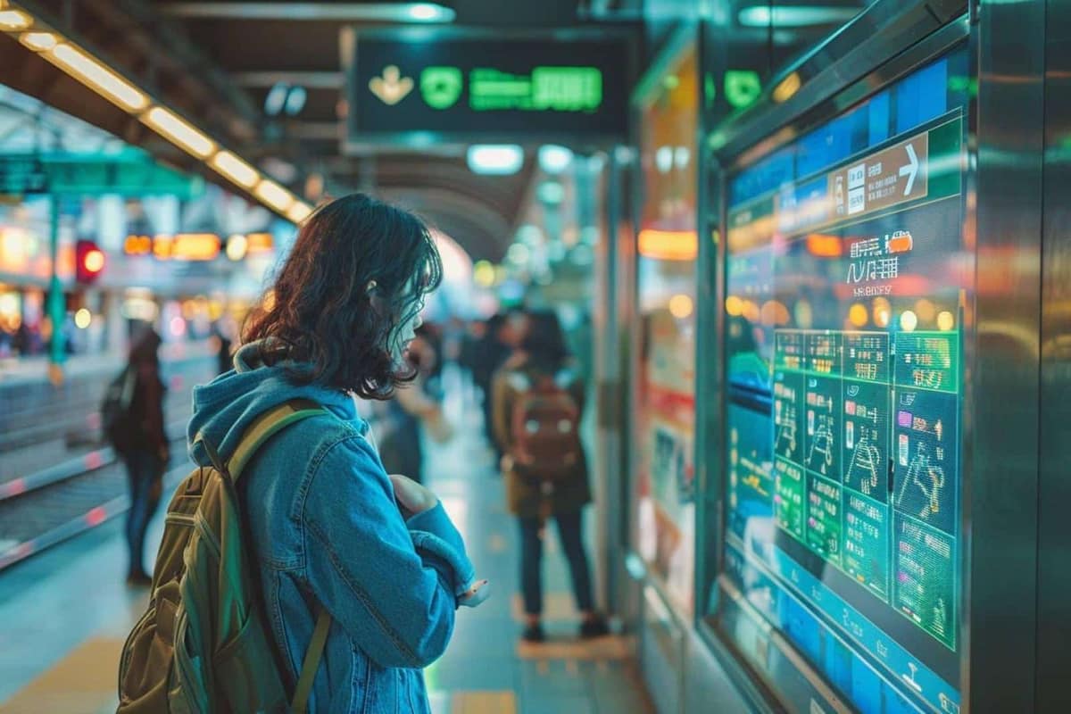 Voyageur consultant les horaires en temps réel à un arrêt de tramway