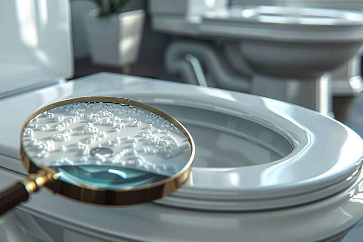 Carnet et verre d’eau près de toilettes dans une salle de bains.