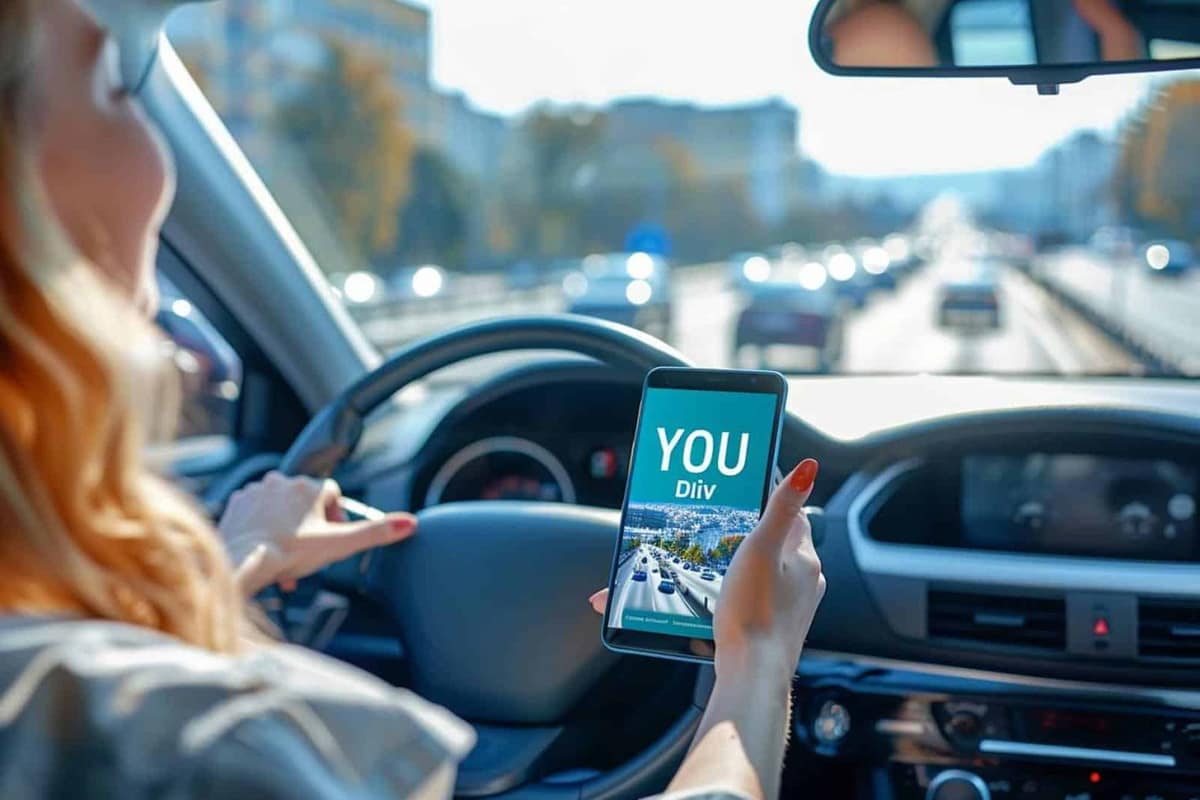 Smartphone fixé au tableau de bord d’une voiture pour suivre un trajet
